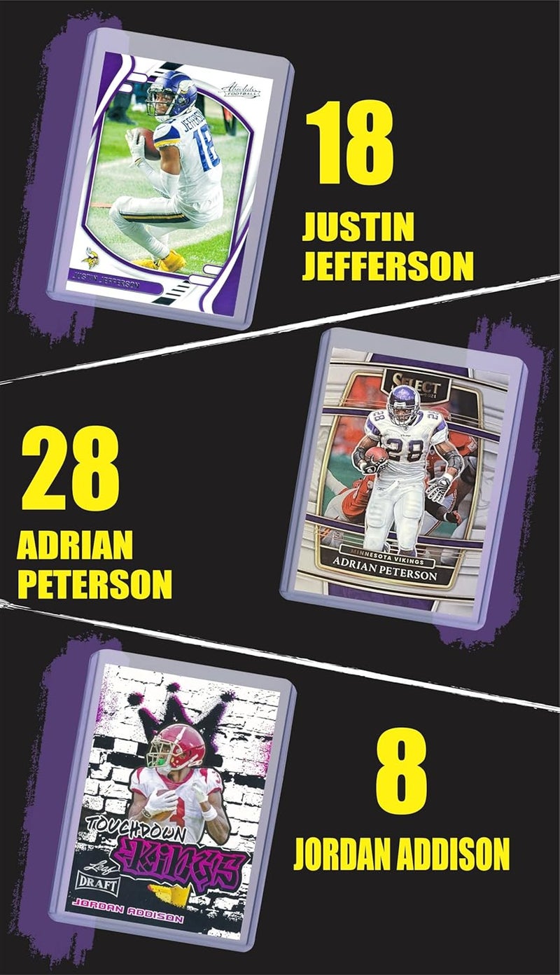 Chaser Minnesota Vikings Cards: J.J. McCarthy, Jordan Addison, Justin Jefferson, Harrison Smith, Aaron Jones, T.J. Hockenson, Adrian Peterson, Cris Carter, Randy Moss, and Jonathan Greenard ASSORTED Football Stars & GOATs Trading Card & Wristbands Gift Pack - Image 2
